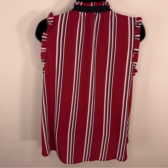 Medium Burgundy Red Striped Blouse Ruffle Accent Tie Neckline Accent Sleeveless - Picture 9 of 13